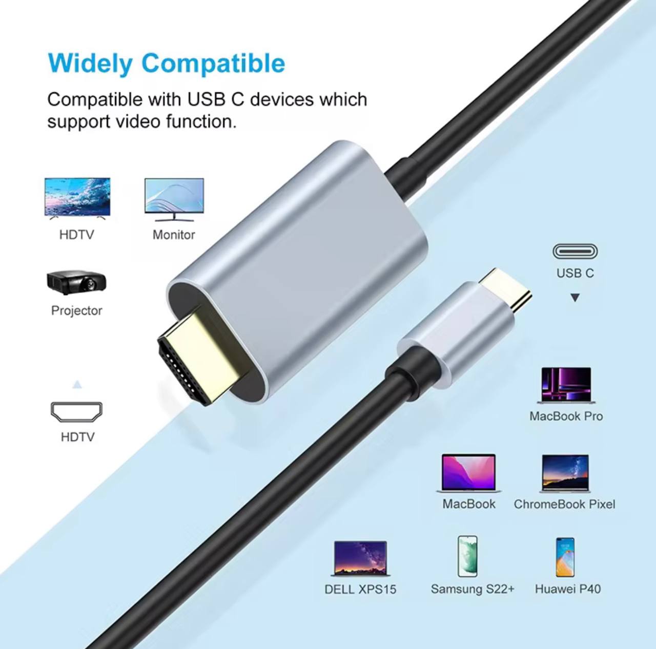 Câble USB Type-C vers HDMI 4K Ultra HD 1M – Compatible MacBook, PC Portable, Smartphone, Tablette et TV