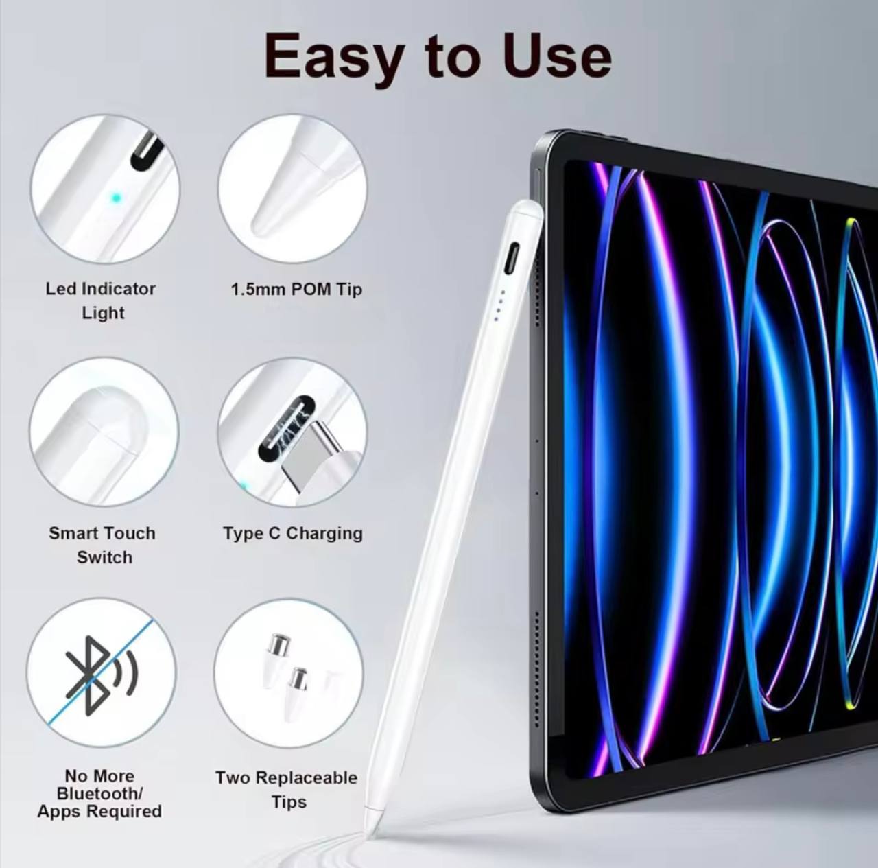 Stylet Universel Tactile Rechargeable - Pour diPad, Tablette Android & Windows (iPhone, Samsung, Huawei, Xiaomi)